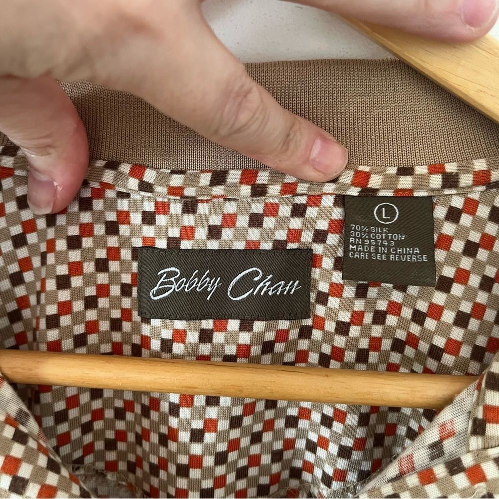 Bobby Chan Tan Orange Geometric Pattern Silk Cotton Blend Golf Polo‎ Shirt - Picture 4 of 7